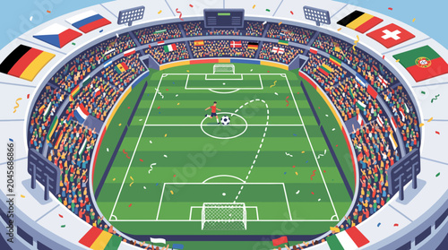 Soccer player kicks ball in packed stadium with flags and confetti flying everywhere on field 6