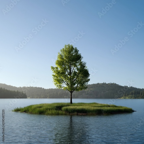 Water Surrounds a Solitary Tree on an Island in a Lake Near a Mountain Range ...