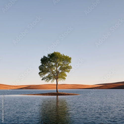 Tree on Small Island in Lake Surrounded by Forest Under Clear Blue Sky in the...