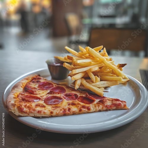 Pepperoni Pizza Slice With Fries Served on a Metal Tray in a Casual Dining Se...