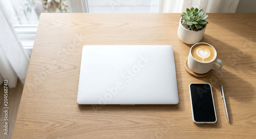 A laptop sits on a wooden desk next to a coffee cup plant and smartphone indoors.