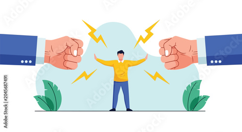 Bild auf Leinwand person standing between two giant fists clenching ready to punch as a symbol of conflict and disagreement pressure and stress in work environment