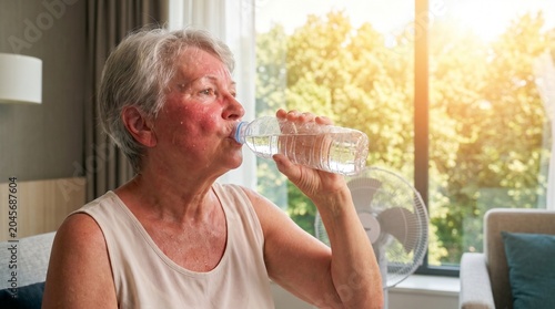 Exhausted sweaty senior woman drinking water from a plastic bottle at home in front of a fan during extreme summer heatwave. Elderly dehydration and heat stroke risk concept.