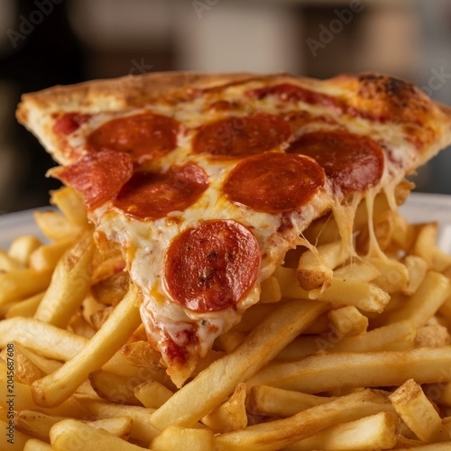 Stack of French Fries With a Slice of Pizza on Top at a Fast Food Restaurant