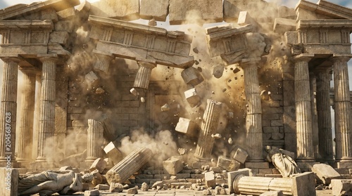Ancient greek temple structure collapsing with massive stone pillars falling amidst thick dust clouds under bright golden sunset lighting conditions