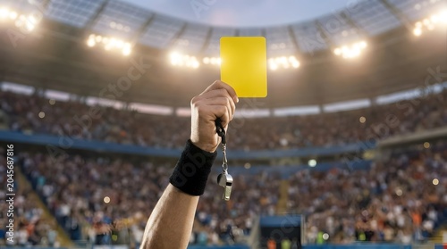 Referee holding yellow card in stadium during sports match with crowd and lights