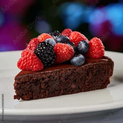 Chocolate Cake With Fresh Berries on a White Plate for Dessert