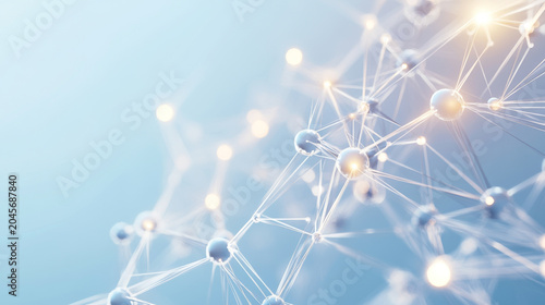 Molecular structure with interconnected spheres, scientific concept, soft blue white hues