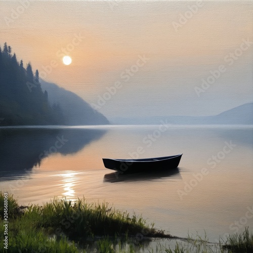Sunrise Over a Quiet Lake With a Small Boat and Distant Trees in the Background