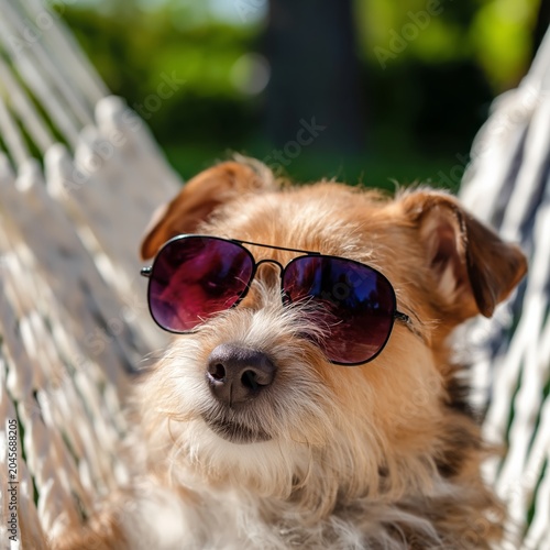 Dog Relaxing in Hammock Wearing Sunglasses on a Sunny Day in the Backyard