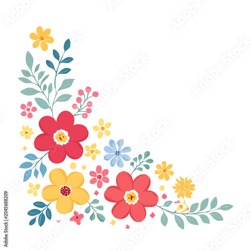 Corner floral illustration with red, yellow, and blue flowers