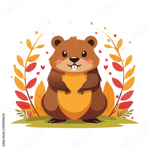 Cute cartoon groundhog with autumn leaves and hearts