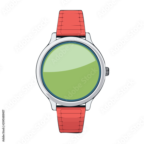 Illustration of a Round Wristwatch with a Red Strap and Green Face
