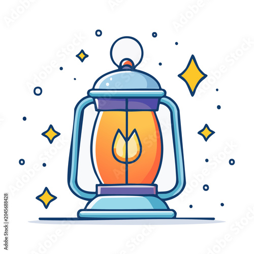 Illustration of a vintage lantern with a glowing flame and sparkles