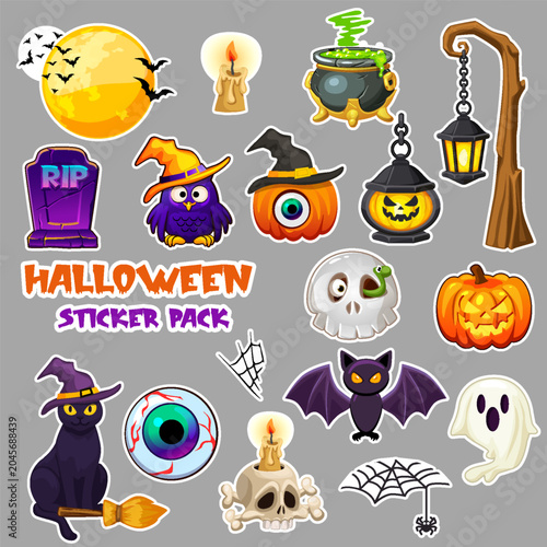 Halloween Sticker Pack Vector Set Cute Spooky Characters, Pumpkins, Ghosts, Bat, Cat, Skull and Witch Elements