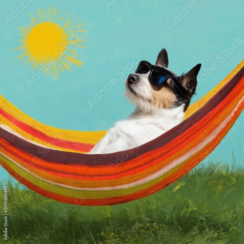 Dog Relaxes in a Hammock Under the Sun Wearing Sunglasses in a Garden During ...