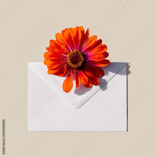 Bright Flower Placed on a White Envelope on a Light Background During Daytime