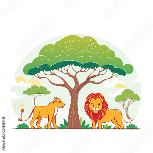 Lion and Lioness in Savanna Landscape Illustration