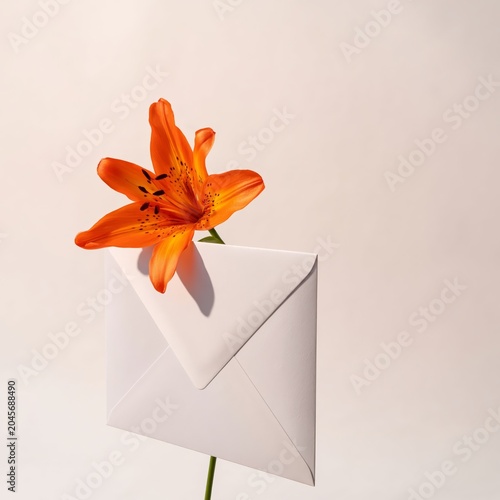 Bright Orange Lily Flower Held by a White Envelope on a Plain Background