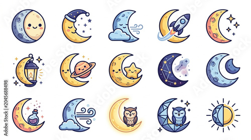 Bild auf Leinwand Collection of Cute Cartoon Moon Illustrations with Various Themes