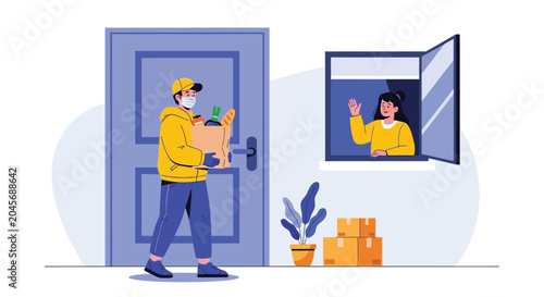 Delivery courier man wearing face mask carrying grocery bag to home door while woman waves from window during quarantine social distance service concept.