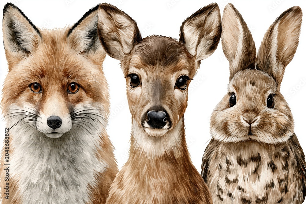 Obraz premium Close-up watercolor portrait of a cute fox, fawn, and rabbit on a white background, forest friends.