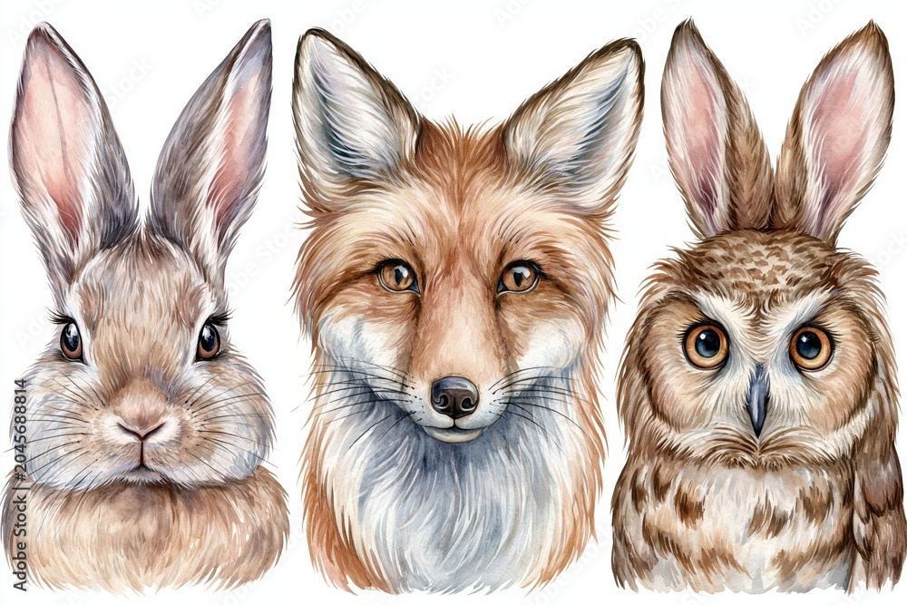 Obraz premium Watercolor portraits of a cute rabbit, a charming fox, and a wise owl on a white background.