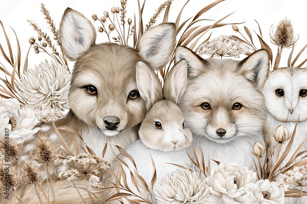 Obraz premium Charming watercolor illustration of forest animals including a deer, rabbit, fox, and owl amidst botanical elements.