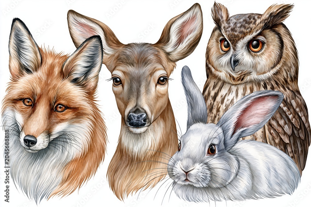 Naklejka premium A watercolor illustration featuring a fox, deer, owl, and rabbit, showcasing forest wildlife.