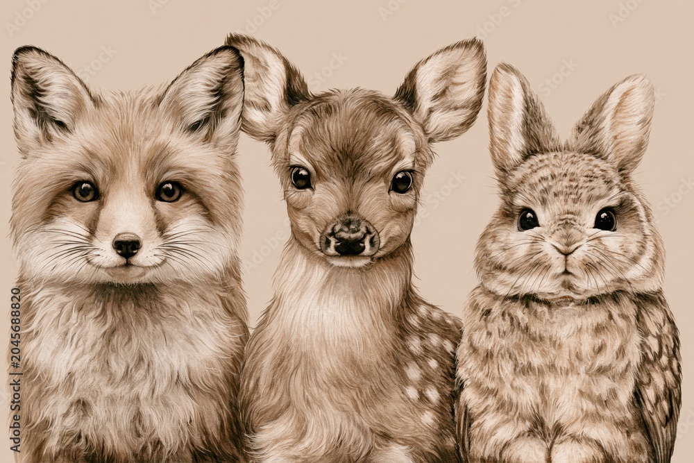 Naklejka premium Adorable trio of baby animals: a fox, a deer fawn, and a rabbit, rendered in a charming sepia tone illustration style.