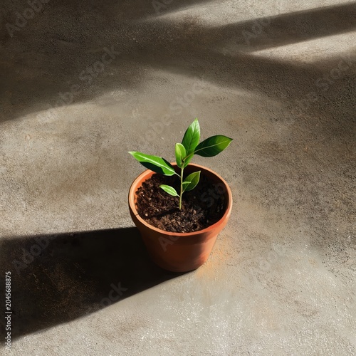 Growing Plant in a Pot on a Concrete Surface With Sunlight Shining in the Bac...
