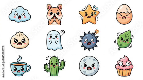 Tableau sur toile Collection of Cute Kawaii Style Cartoon Characters Expressing Surprise