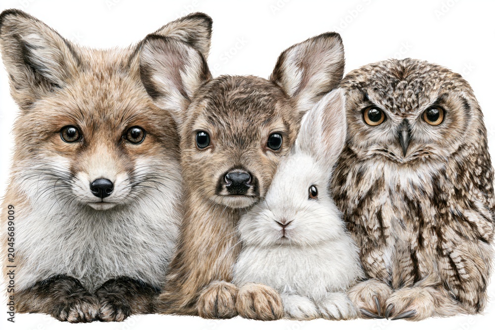 Naklejka premium Adorable forest animals, a fox cub, a fawn, a rabbit, and an owl, posed together in a charming illustration.