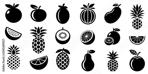 Tropical fruit silhouette icon collection featuring pineapple grape melon and citrus shapes in black isolated vector design set for logo branding packaging labels food graphics and clipart