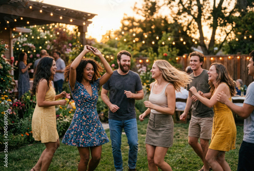 Friends Dancing Together at Outdoor Summer Garden Party.  Friendship, celebration, summer fun, social connection and Commercial-use concept.