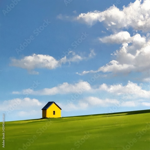 Yellow House Stands Alone on Green Hill Under Blue Sky With Clouds