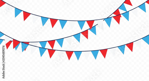 Patriotic bunting flags in red white and blue colors hanging for fourth of july celebration independence day memorial day and national holiday decorations.