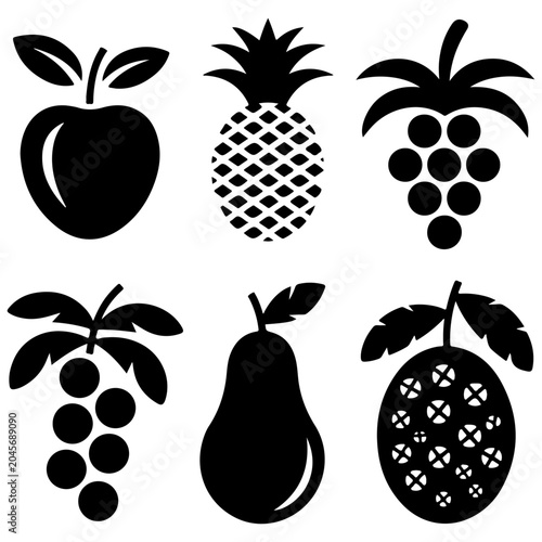Tropical fruit silhouette icon collection featuring pineapple grape melon and citrus shapes in black isolated vector design set for logo branding packaging labels food graphics and clipart