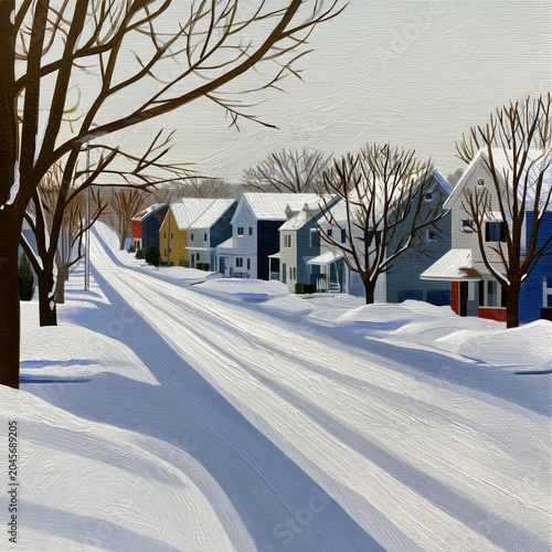 Snow Covers a Quiet Street in a Small Town During Winter in the Afternoon