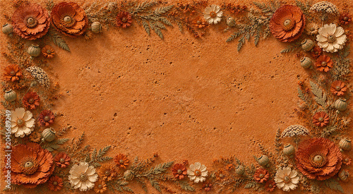 Terracotta Floral Frame Background with Copy Space, 3D Clay Relief Wildflower Border on Travertine Stone