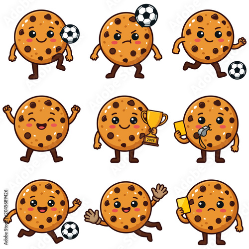 Cartoon soccer cookies with various expressions.