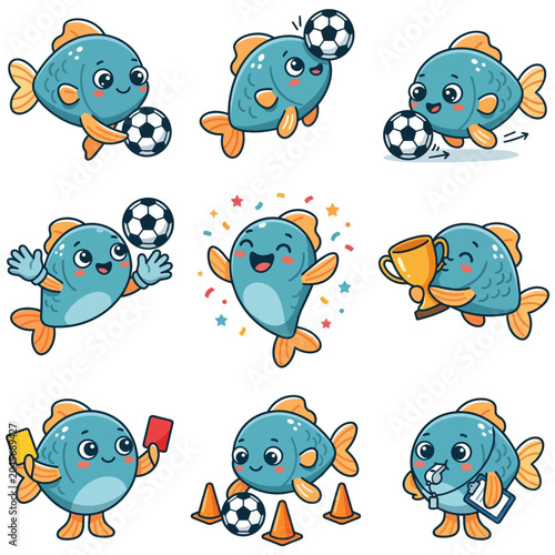 Cartoon fish playing soccer happily.