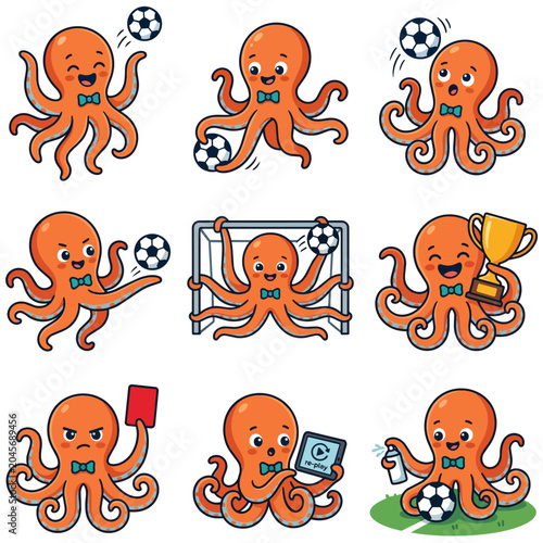 Octopus playing soccer referee cartoon.