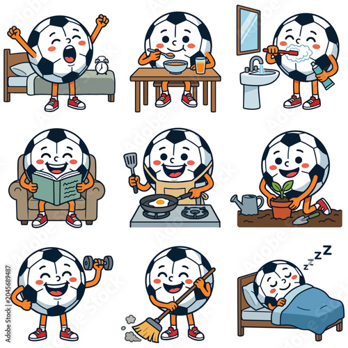 Soccer ball character various daily activities.