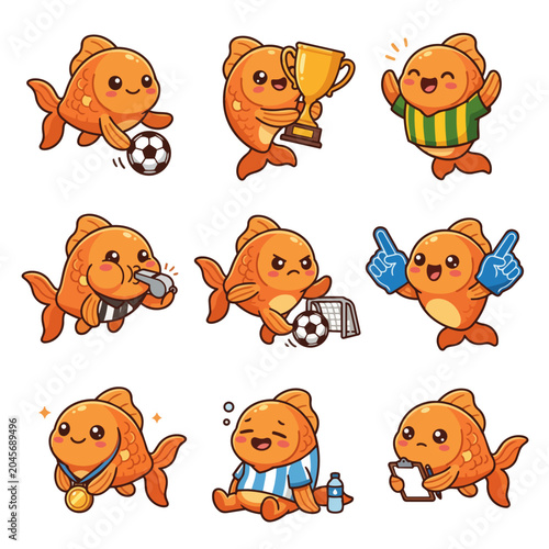 Cartoon fish characters various soccer actions.