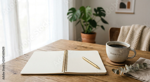 Cozy workspace setup with an open blank notebook, gold pen, and fresh cup of coffee on a wooden desk