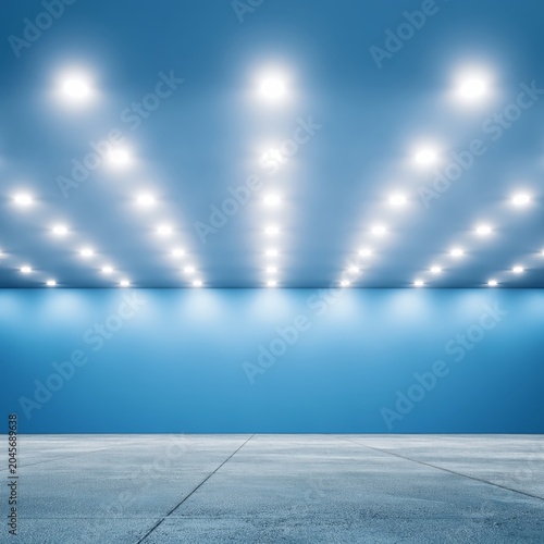 Well Lit Blue Room With Empty Floor and Modern Lighting Above on a Clear Day