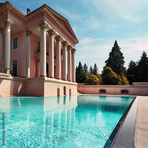 Elegant White Building With a Pool and Blue Sky Under Bright Clouds in Daytim...