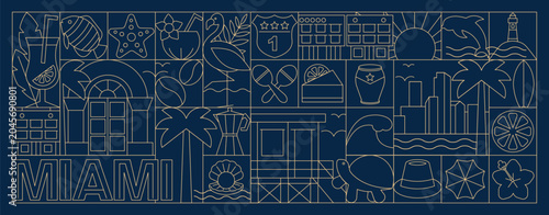 Miami Art Deco Line Style Banner and Pattern, Florida Coastal Architecture Background