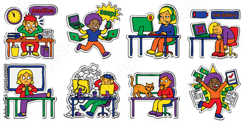 Konstfotografi Remote work and freelancer cartoon scene sticker set with deadline stress, multi
